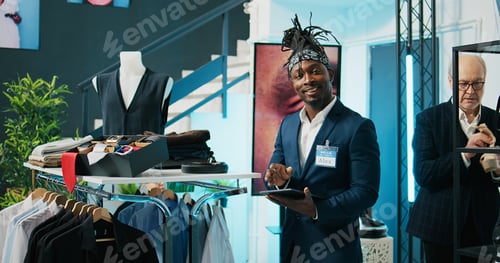 Preview: African american worker managing clothes stock on hangers