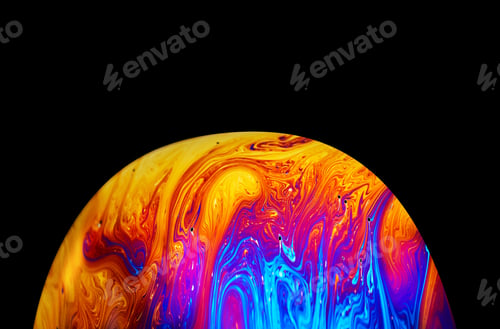 Preview: Virtual reality space with abstract multicolor psychedelic planet. Closeup Soap bubble