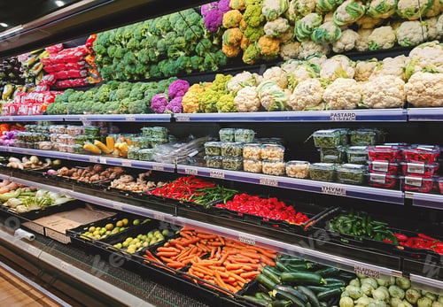 Preview: View of vegetable counter in supermarket. Fruits and vegetables on store stand in supermarket