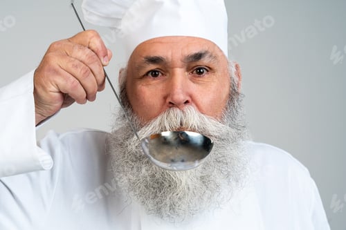 Preview: Senior old man cooking chef with gray beard portrait in studio