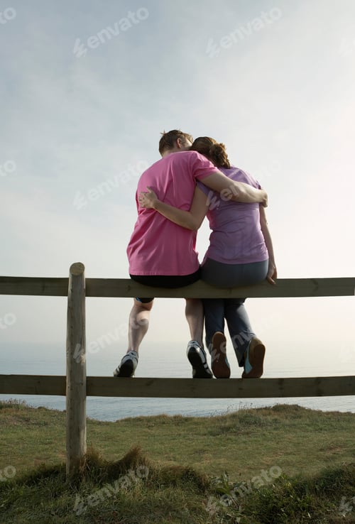 Preview: A Couple hug sitting on a country fence.