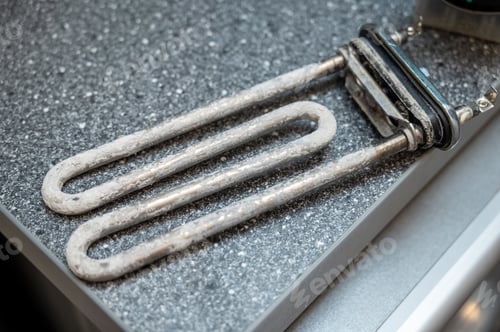 Preview: Used washing machine heating element covered with limescale placed on gray countertop surface