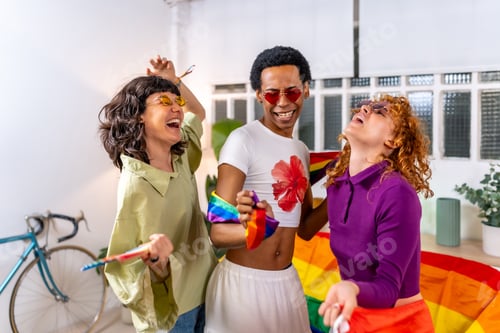 Preview: Happy friends celebrating pride party at home
