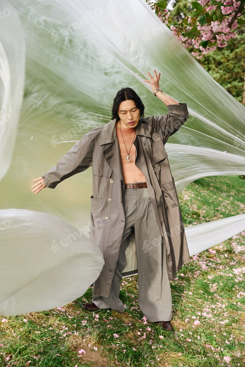 Preview: Stylish young man showcases grey trench coat in a vibrant park setting