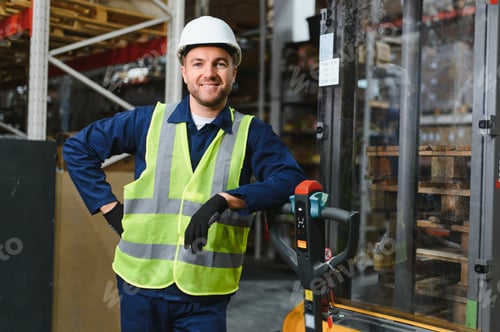 Preview: warehouse worker driving forklift. Warehouse worker preparing products for shipmennt