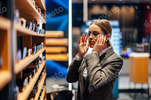 Preview: Serious girl, trying on new sunglasses, at the eyewear store.