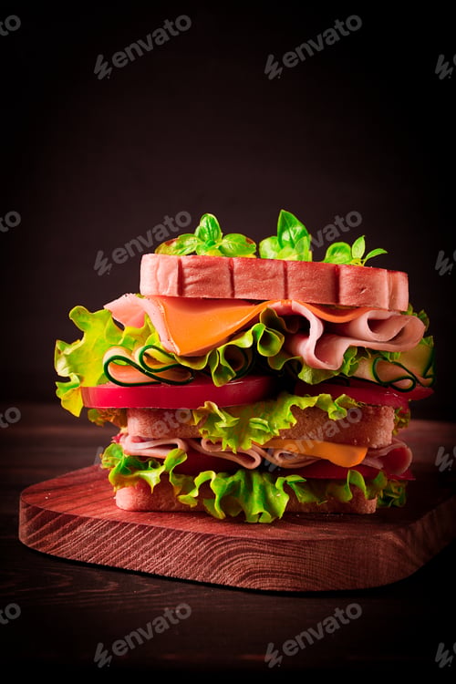 Preview: Club sandwich, on a wooden table, rustic style, close-up, no people, homemade,