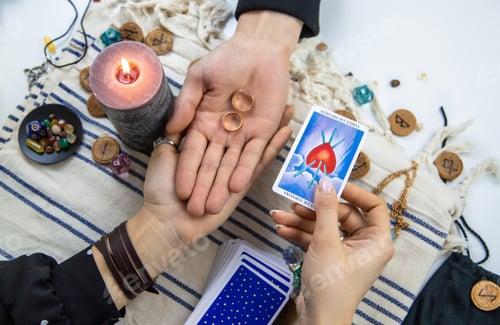 Preview: A woman fortuneteller tells a man on tarot cards. Selective focus.