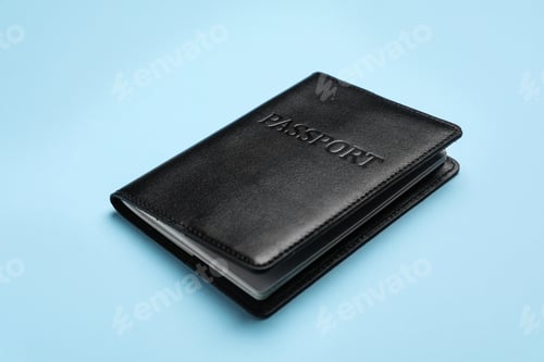 Preview: Passport in black leather case on light blue background