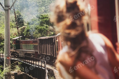 Preview: Rear view of tourist lady travel by train to landmarks in Sri Lanka