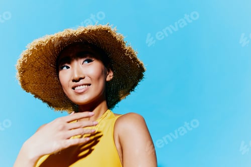 Preview: Smile woman trendy fashion cheerful hat yellow beauty portrait swimsuit summer