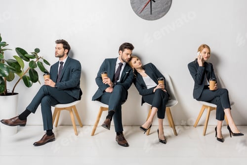 Preview: collage of business people in various poses waiting in queue