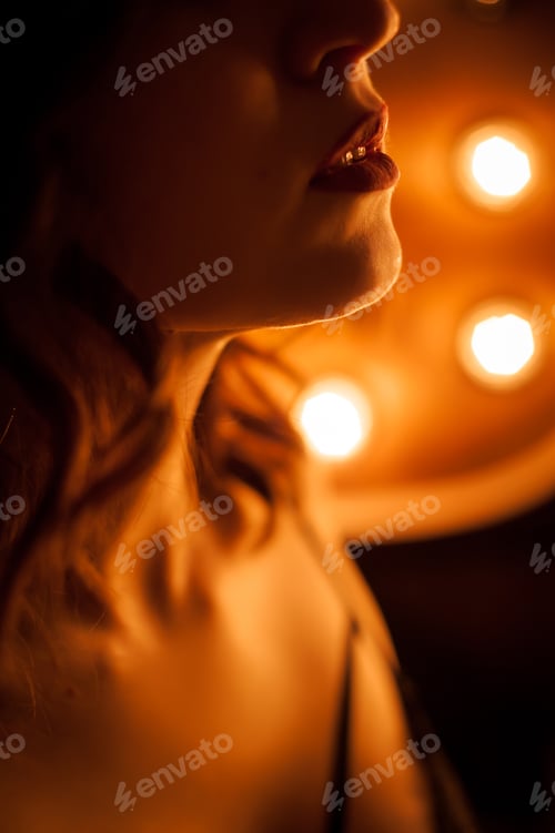 Preview: Silhouette of a woman's face . Against the background of bright lamps.
