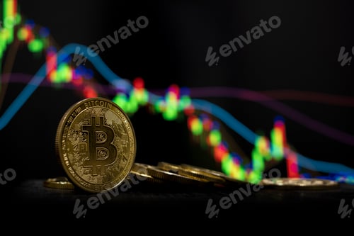 Preview: Golden bitcoin cryptocurrency at trading chart background