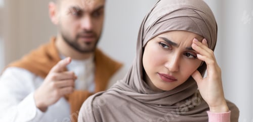 Preview: Angry Arab Husband Threatening Frustrated Wife Standing At Home, Panorama