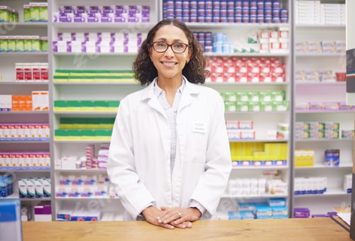 Preview: Pharmacy, pills and portrait of a woman pharmacist ready for customer service. Pharmaceutical store