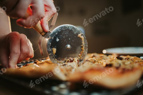 Preview: Closeup shot of cutting a freshly baked pizza