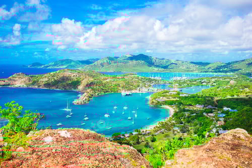 Preview: View of English Harbor from Shirley Heights, Antigua, paradise bay at tropical island in the