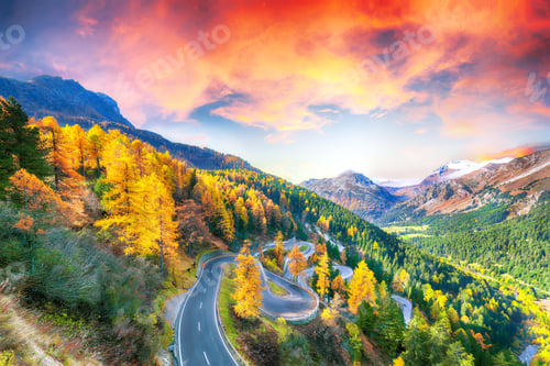 Preview: Stunning view of Maloja pass road at autumn time.