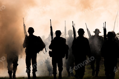 Preview: Silhouette of soldiers with rifles walk through smoke