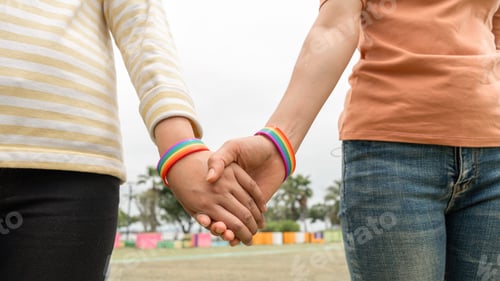 Preview: Lesbian gay woman trust hand symbol of love outdoors. LGBT Coupple trust hand make love outdoors