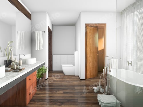 Preview: 3d rendering wood and tile design bathroom near window an curtain