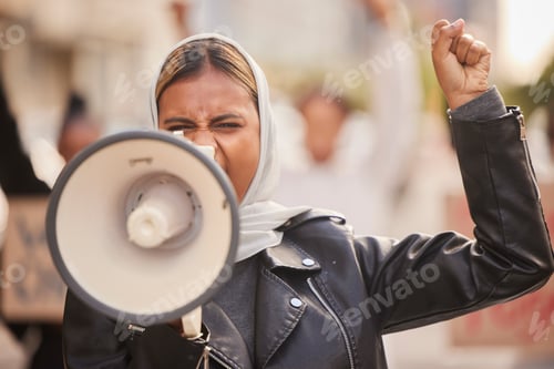 Preview: Freedom, megaphone and fist with muslim woman in protest for support, social justice and human righ