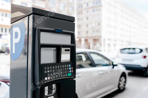 Preview: Parking meter on city street. Space for text