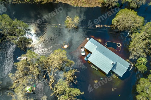 Preview: Aftermath of natural disaster. Flooded houses by hurricane Ian rainfall in Florida residential area