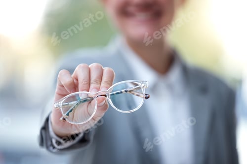 Preview: Frame, optometry and hands with glasses for eyes for eye exam, vision testing and optician store. O