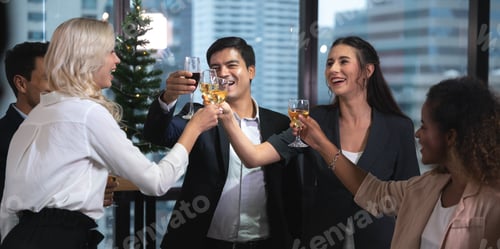 Preview: businessman and business partner person team in success, happy and fun in group celebration party