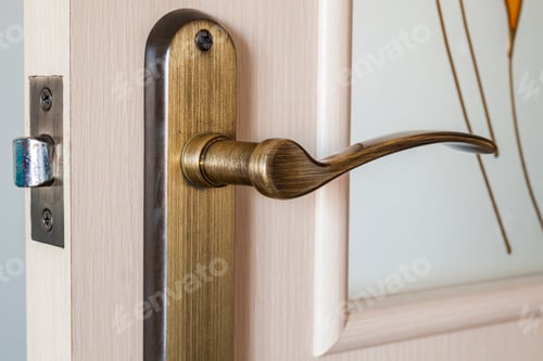 Preview: Modern, contemporary satin wooden door metal handle close-up det