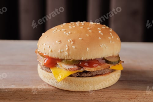 Preview: perfect tasty bacon cheeseburger on wooden table on brown background