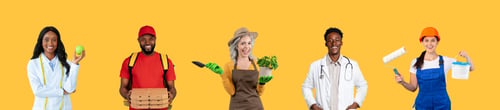 Preview: Collage of happy workers from different jobs wearing their uniform