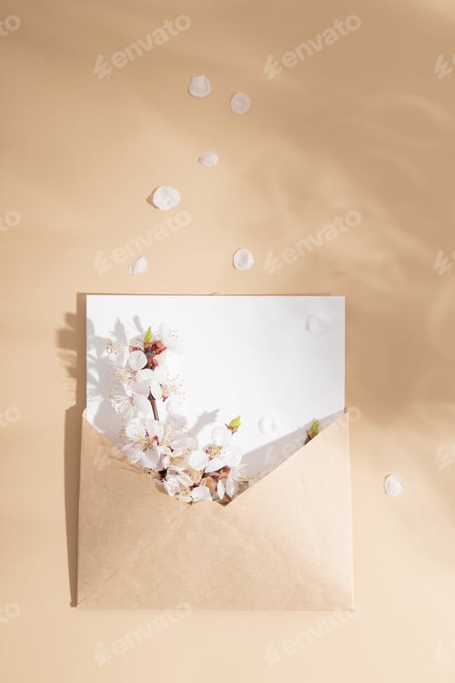 Preview: An envelope with delicate cherry blossom petals on a beige background. Spring vertical mock up