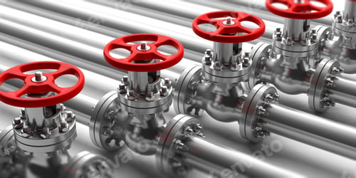Preview: Industrial pipelines and valves close up on white background. 3d illustration