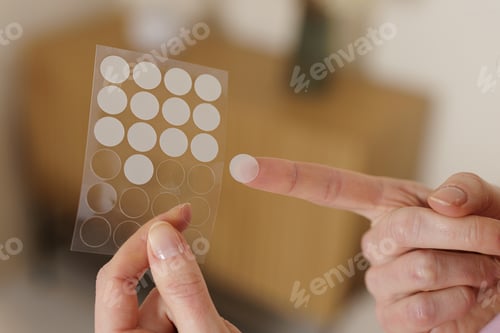 Preview: Hydrocolloid Acne Patch On Finger From Skincare Treatment Sheet Closeup