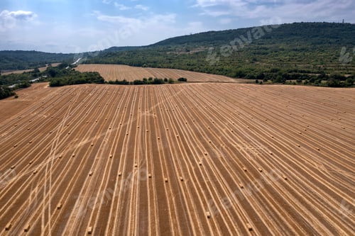 Preview: Scenic aerial view of hay bales on the field after harvest.