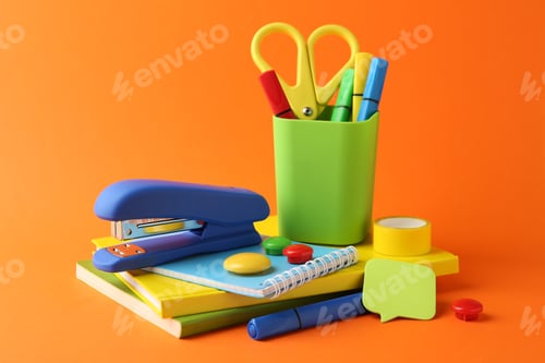 Preview: Stapler and other stationery on orange background
