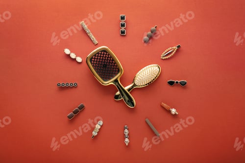 Preview: Clock shape made of brushes and hair clips on terracotta background, flat lay