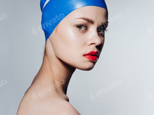 Preview: Woman in swimming cap with red lips makeup model naked shoulders