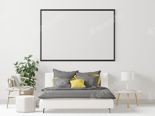 Preview: 3D bed room with blank photo frame