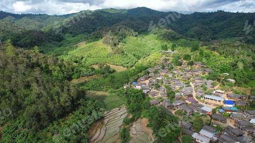 Preview: Aerial view from drone of the rural village and rice terraces in the mountains