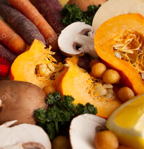 Preview: Sliced seasonal vegetables close-up rustic style, healthy lifestyle