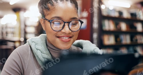 Preview: African, student and smile with tablet in library for research information, university news and stu