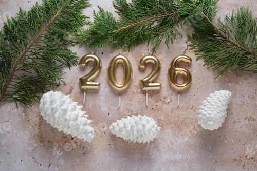 Visualização: Celebração festiva do Ano Novo de 2026 com velas e pinhas