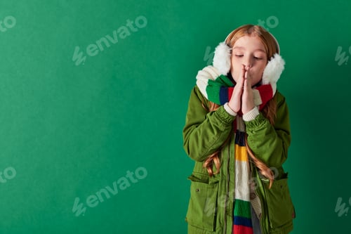 Preview: preteen girl in ear muffs, striped scarf and winter outfit warming up hands on turquoise backdrop