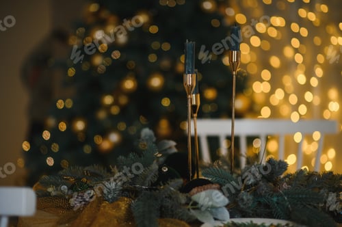 Preview: Christmas table setting with festive bokeh lights