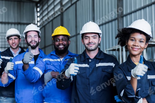 Preview: Portrait confident workers, mechanical engineer team and teamwork of workers working in industry