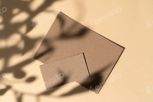 Preview: Blank white businesscard on beige background with creative floral shadow